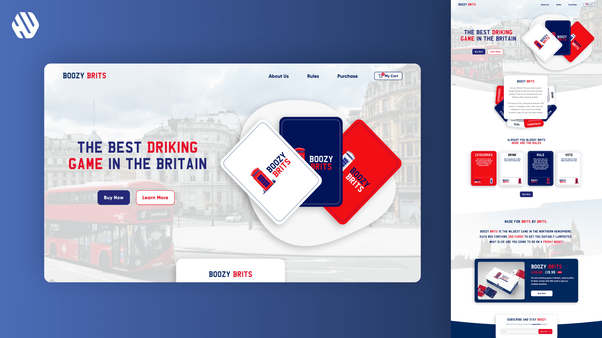 Boozy Brits website showcasing game cards and promotional text for a drinking game.